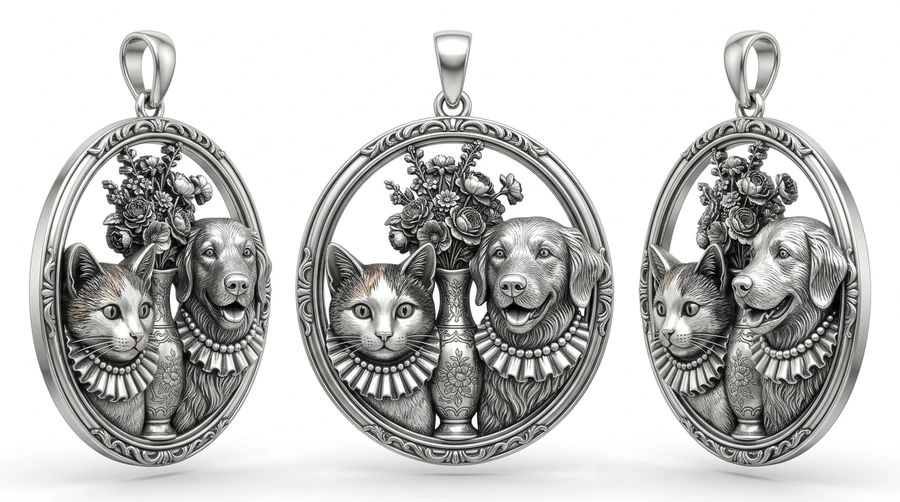 Cat and dog portrait medallion design rendering