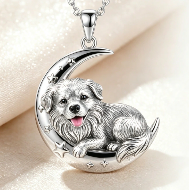 Dog and crescent moon pendant design rendering