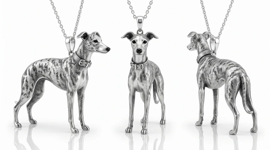 Full-body dog pendant design rendering in multiple views