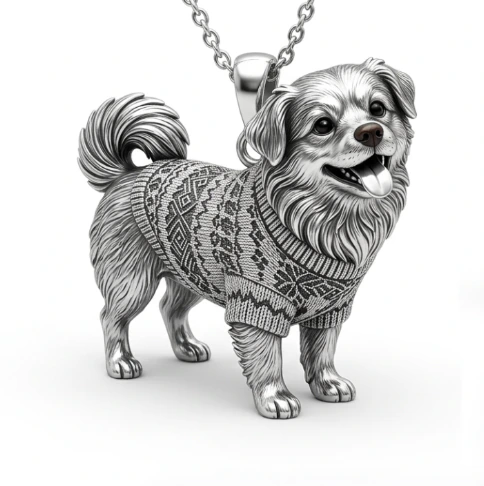 Dog pendant design rendering featuring a patterned sweater