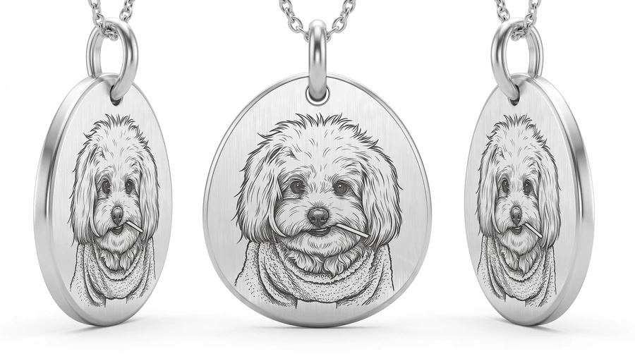Design rendering of a white dog portrait on an oval medallion, shown in three views
