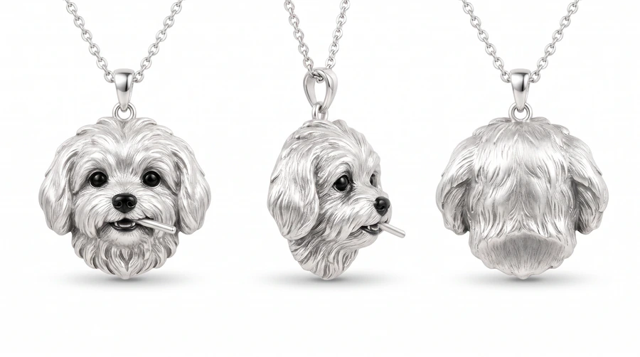Design rendering of a sculpted white dog head pendant, showing the front, side and back
